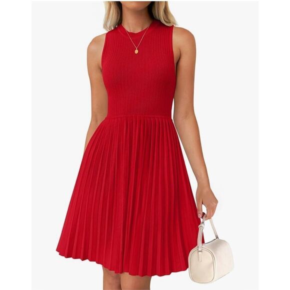 NEW Red Sleeveless Crewneck Knit A Line Pleated Mini Dress L - Picture 1 of 6